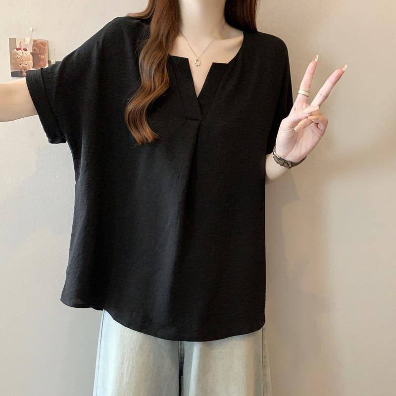 Women Casual V Neck Short Sleeve Loose Fit Solid Color Blouse