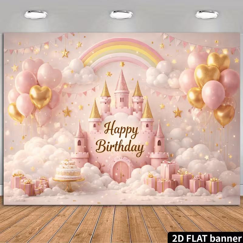 2D Girls Pink Castle Birthday Backdrop Banner Rainbow Background
