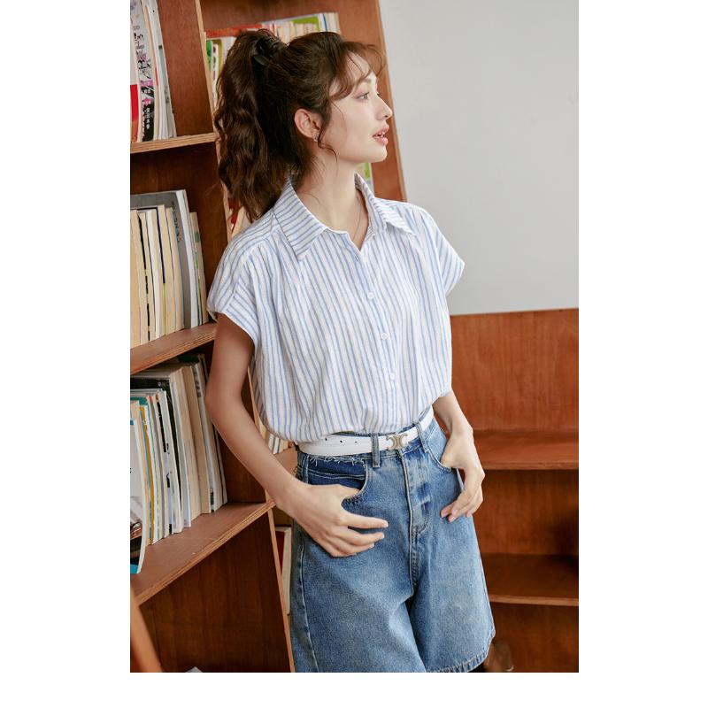 Mishow Women's Shirt 2023 Summer New Blue Stripe Commuter Elegant Bat Sleeves French Style Loose Clothing Tops MXC39C0078