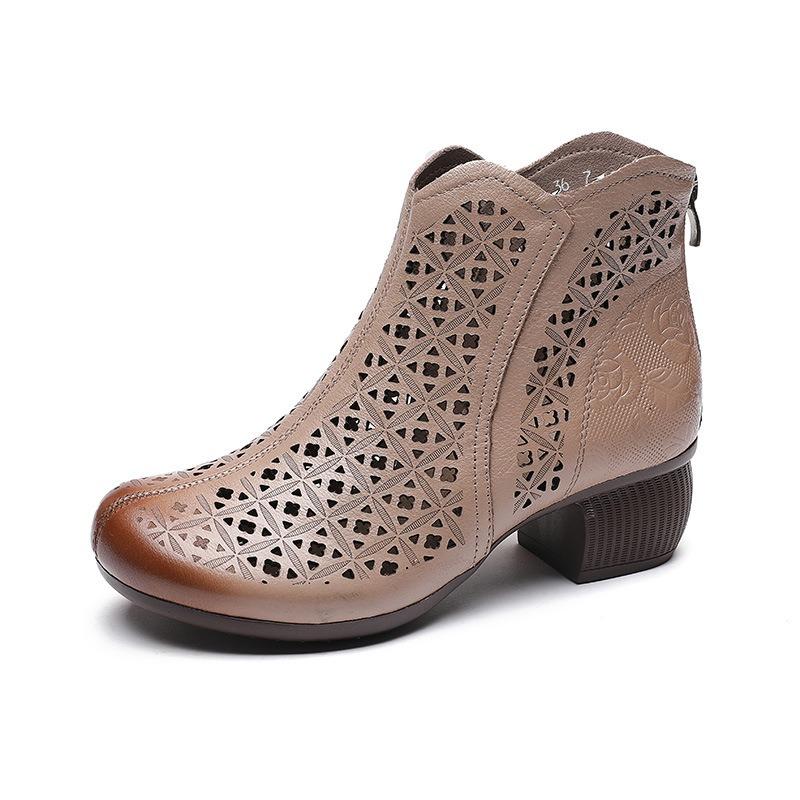 Women's Sandals Leather Retro Hollow Hole Shoes High Heel Thick Heel High Top Fashion Cool Boots Women's Spring and Summer New