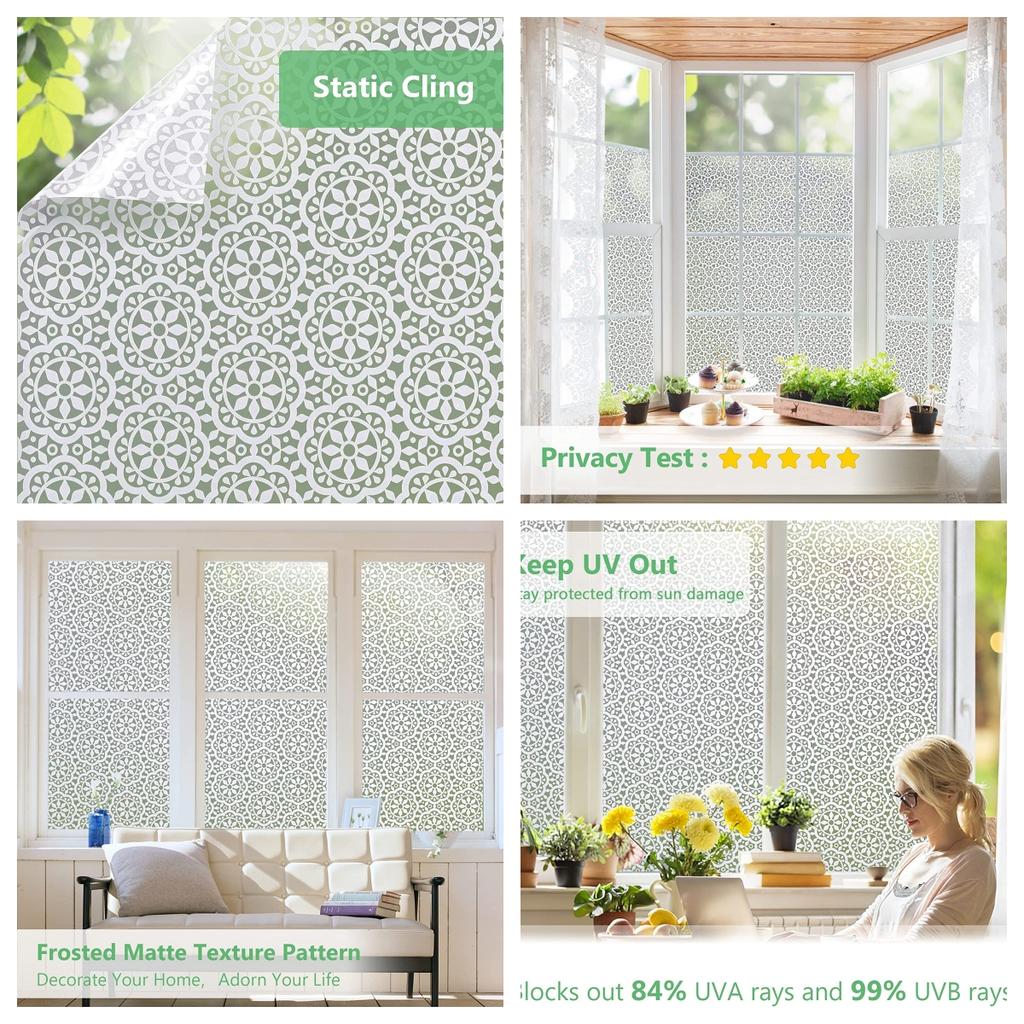 Privacy Patterned Frosted Window Film for Glass Lace Decorative Opaque Static Cling Vinyl Self-Adhesive Window Sticker for Home