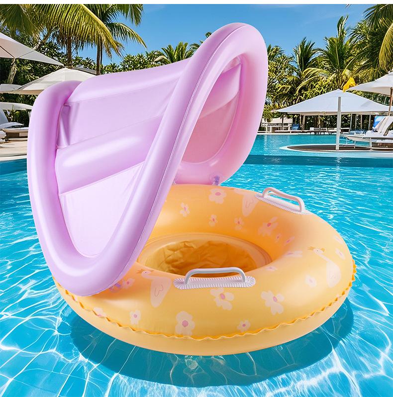 2026 New Yellow Flower Sunshade Baby Swim Ring Safe Anti Rollover Infant Seat Float Sun Protection Beach Party Toy