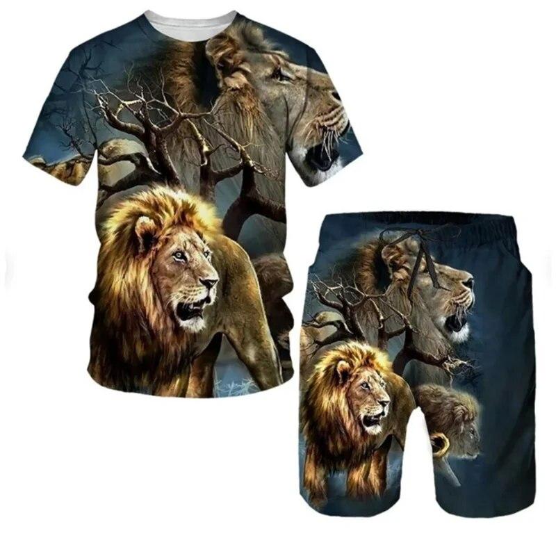 

Летняя мужская футболка с 3D принтом «Король Лев» и шорты, комплект негабаритной спортивной одежды в стиле хип-хоп, спортивный костюм с круглым вырезом, повседневный костюм с короткими рукавами 2XL
