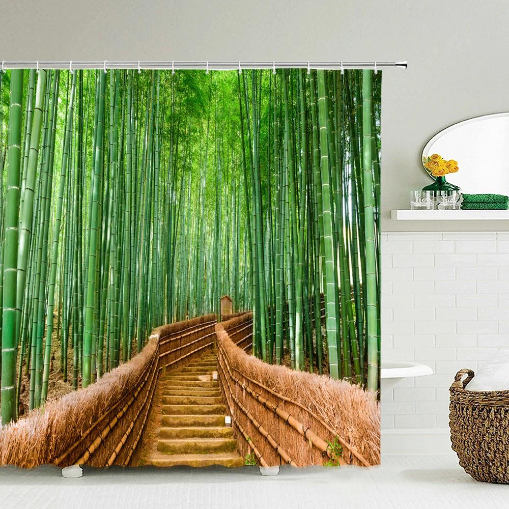 Green Scenery Shower Curtain with Hooks, Waterproof Bathroom Partition, Weighted Bottom Reinforced Eyelets & Easy To Clean