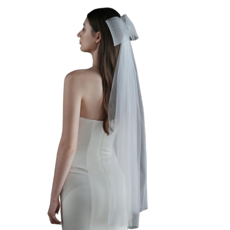 

Wedding Bridal Veil Double Layers Short Length Sheer Veils with Cute Bowknot Hair Accessories for Bride Cut Edge 1
