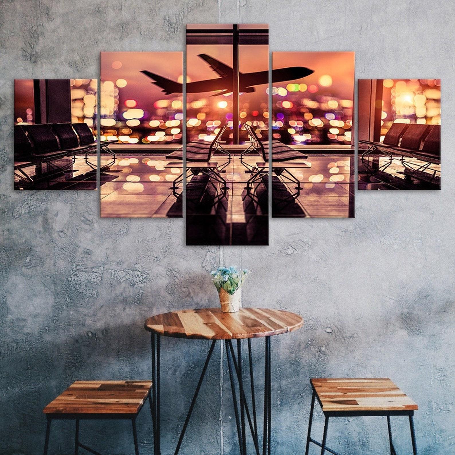 

Airplane Night View Airport City 5 Piece Five Panel Wall Canvas Print Modern Art Poster Picture Home Decor Gift For Him For Her 20x35 20x45 20x55cm