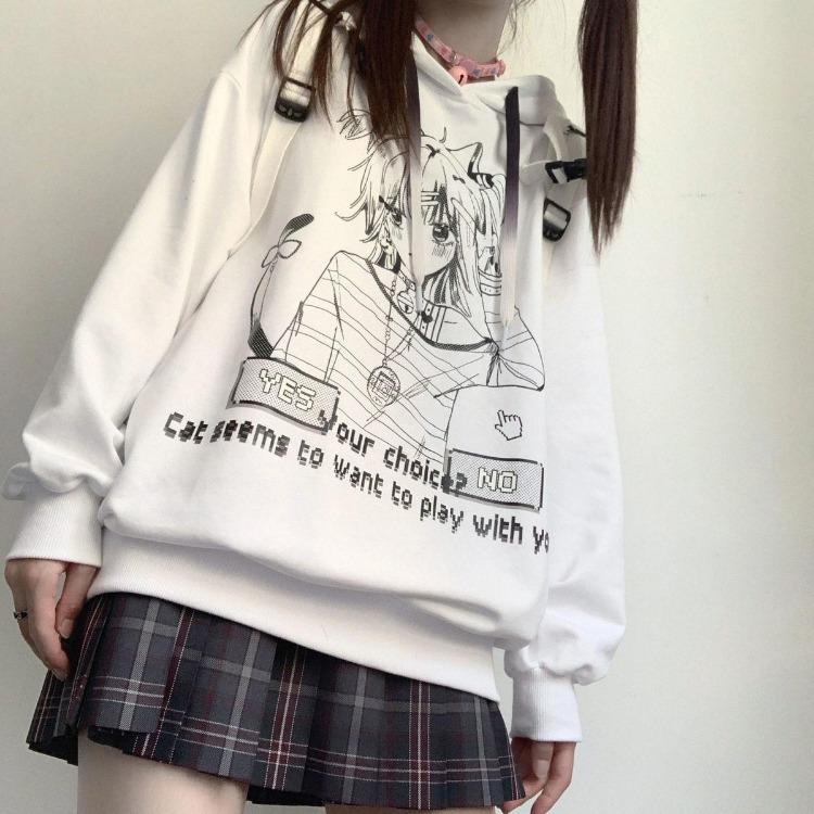 Sudadera con capucha Gótica de Anime Oversize para Mujer Harajuku Streetwear Pulóver Manga Larga Negro Blanco Moda Femenina Sudadera
