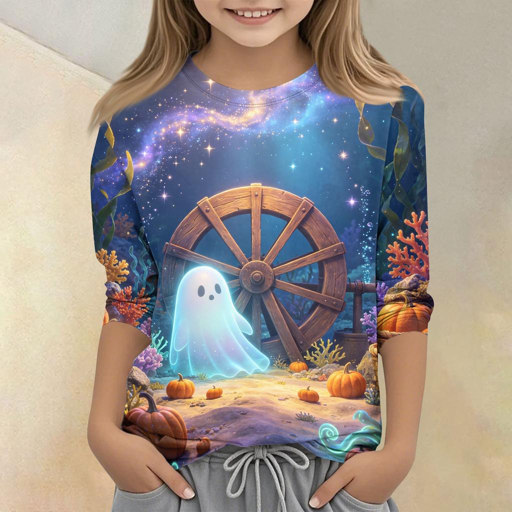 Kids Halloween Print Crew Neck Three Quarter Sleeve Casual T Shirt Top Boys Girls Comfortable Fit Soft Fabric Seasonal Wear