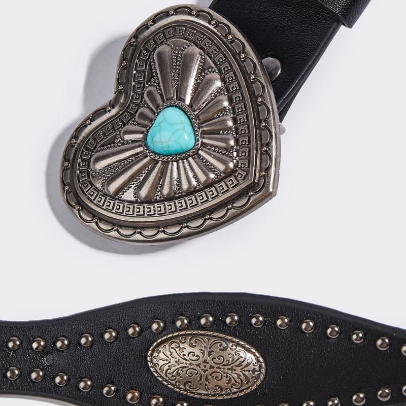 Studded Punk Style Belt Adjustable PU Leather with Charm Heart Buckles for Men Women Fashion Accessories
