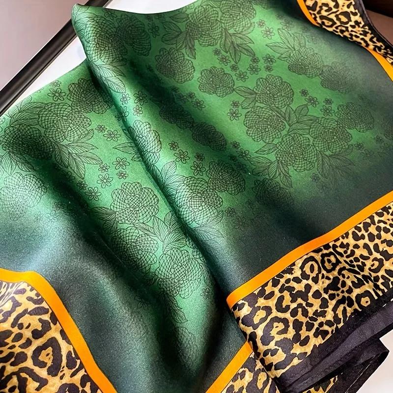 Luxury Brand Leopard Print Square Hijab Scarf Imitation Silk Green Small Neck Scarf Stylish Casual Headscarf