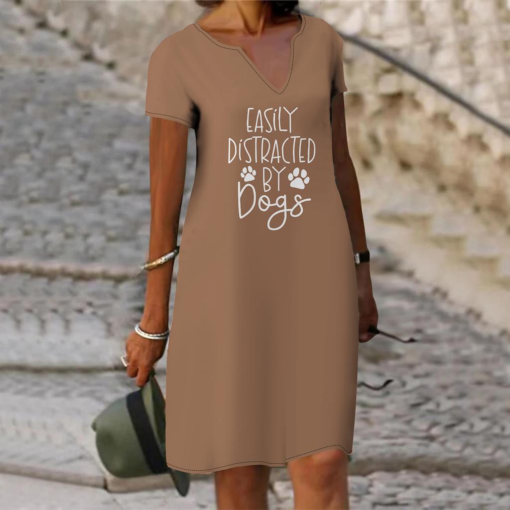 Summer Fashion V-neck Dress Ladies Short Sleeve White Love Printed Dress Loose Casual Dress for Women