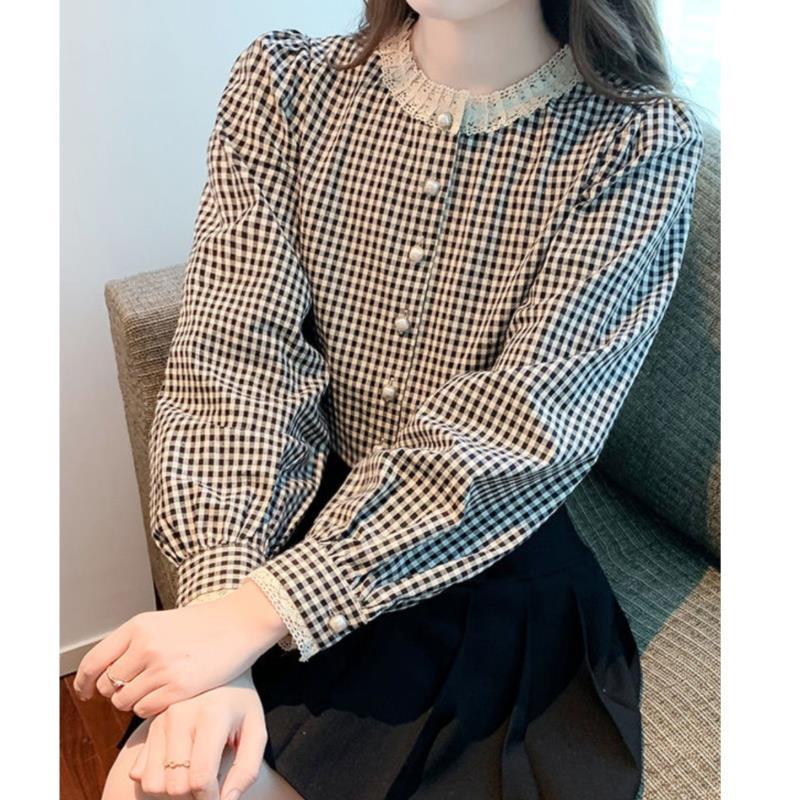 French Retro Plaid Long Sleeve Shirt - Women's Stylish Round Neck Button-Up