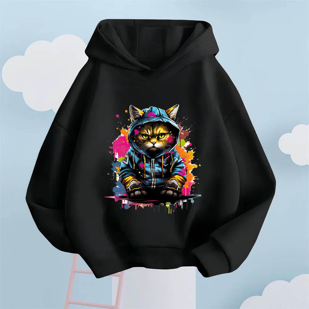 Graffiti Cool Cat Cartoon Printed Kids' Hoodie, Let Children Wear Personality-Filled Hip-Hop Playful Fashion Sense