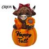 Autumn Harvest Pumpkin Decor Highland Cow Ornament, Resin Desktop Figurine Decorations, Creative Thanksgiving Table Centerpiece for Home Theme