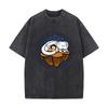 Moon Cake Playful Food Black Culinary Themed Design Casual Washed Distressed T Shirt Vintage Minimal Short Sleeve Top