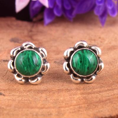 Orecchino a bottone in argento sterling 925 con pietra preziosa di malachite