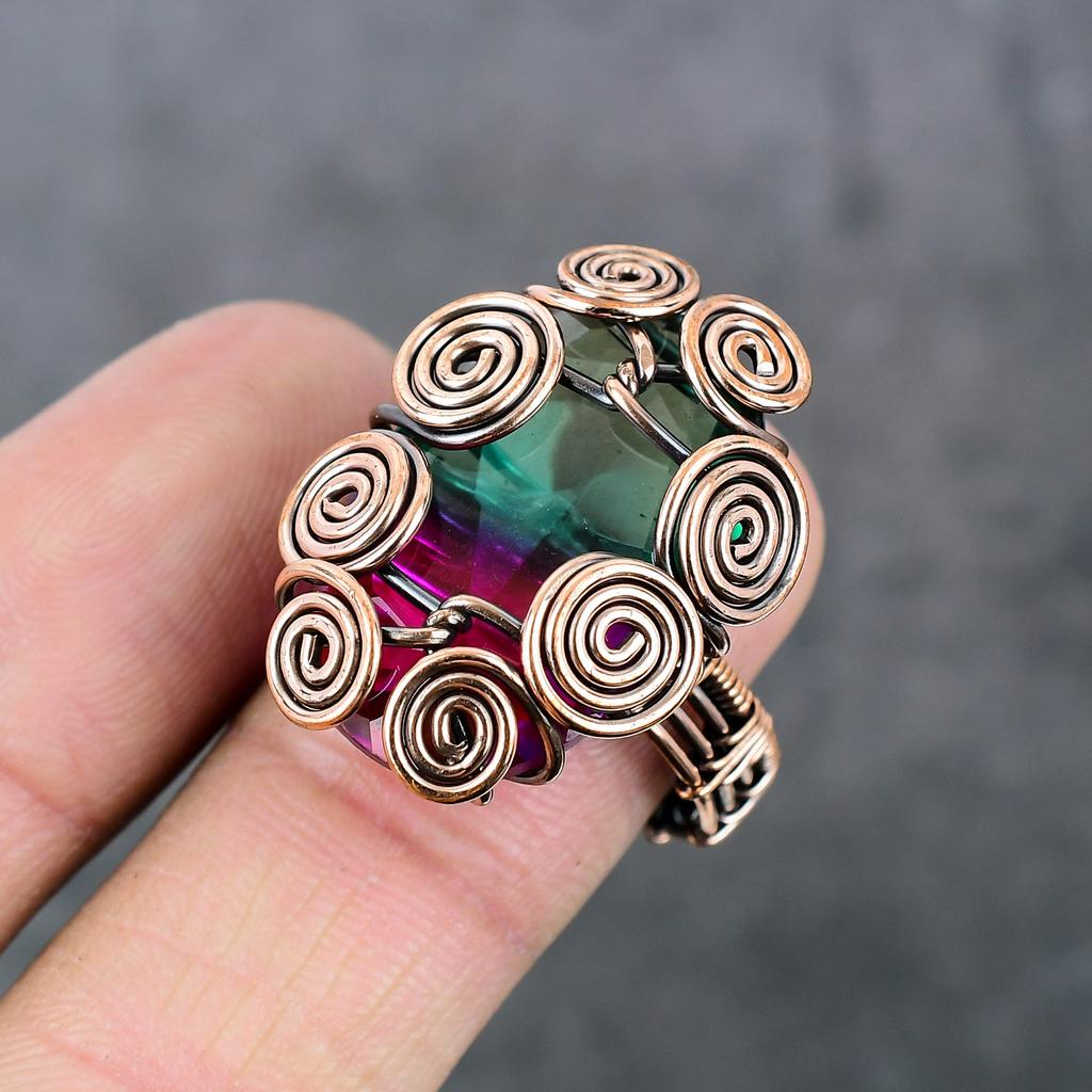 Bi-Color Tourmaline Handmade Copper Wire Wrap Jewelry Ring Size 8.5 F9Z04