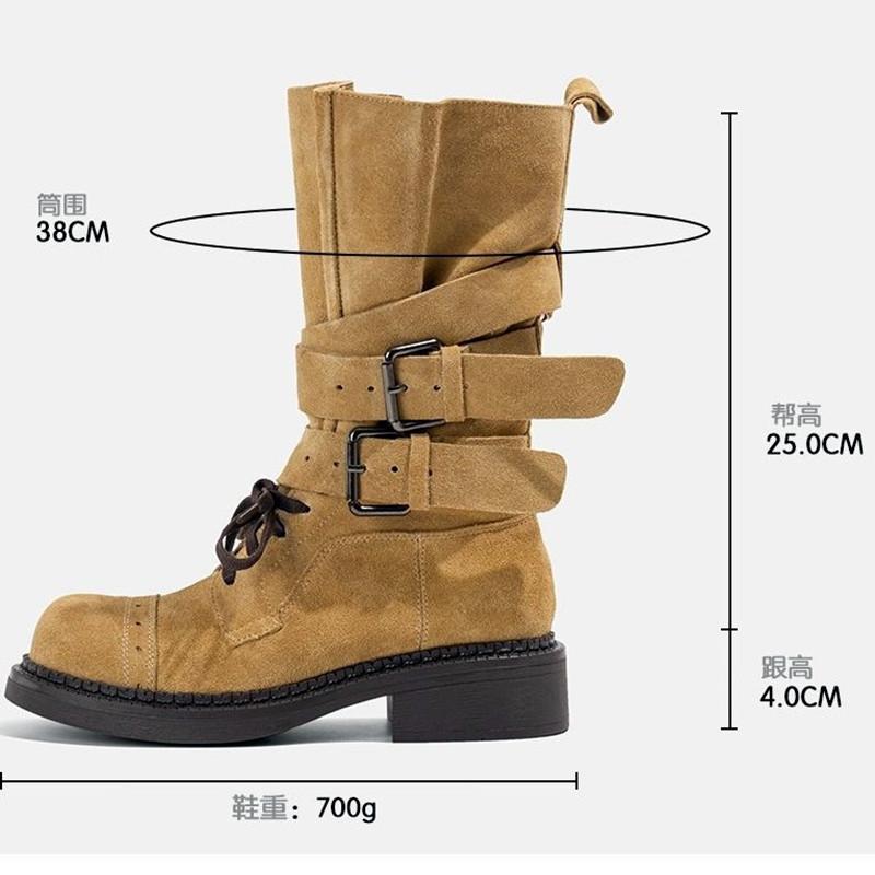 Fashion Luxury Faux Suede Mid-calf Motorcycle Boots Women Fashions Belt Buckle Design Chunky Platform Boots Western Cowboy Botas Mujer