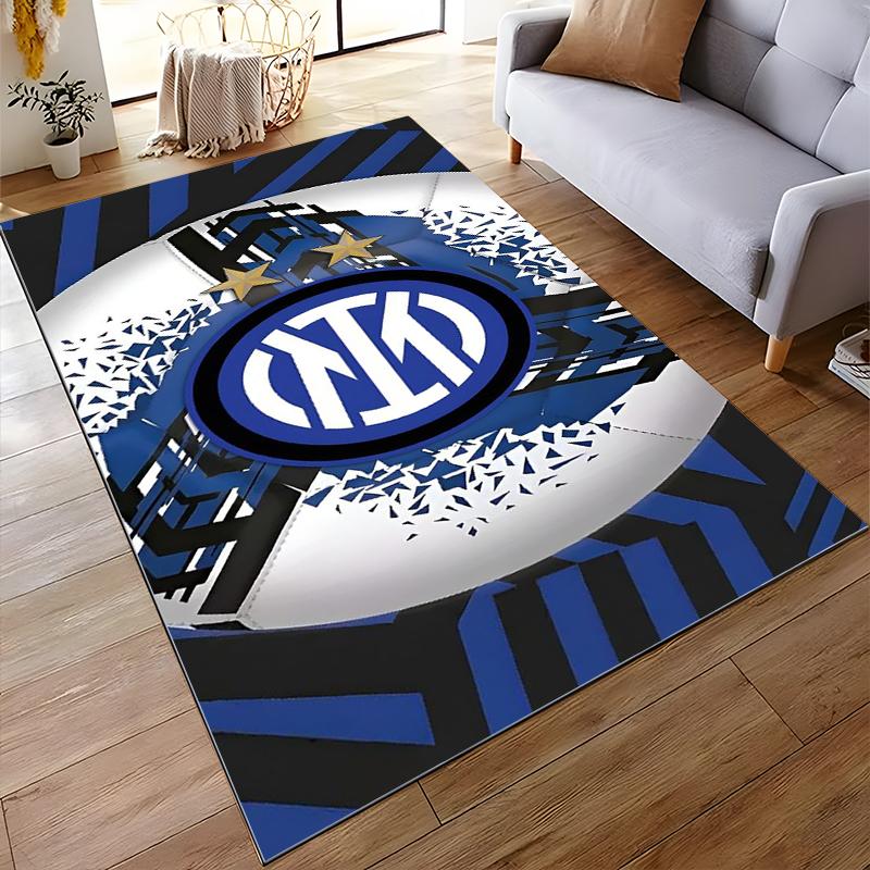 Inter Milan Logo-Inspired Design Rug, Blue and Black Patterned Print. Non-slip rug suitable for living room and bedroom sofas.
