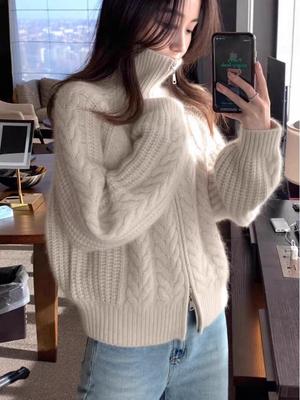 Gilet en laine à grosses torsades pour femme - Col montant, manches raglan, tricot épais à cinq aiguilles, coupe ample et fermeture éclair