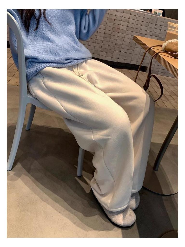 700g Lambswool Heavyweight Fleece Brushed Women's High-Waist Wide-Leg Warm Trousers