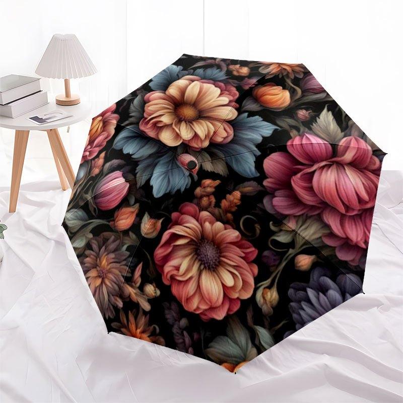Floral Elegance: Vibrant Flower Patterned FabricUmbrella with Cute Design,Portable 3-Fold Compact Umbrella for Men&Women,Valentine's Day Mot
