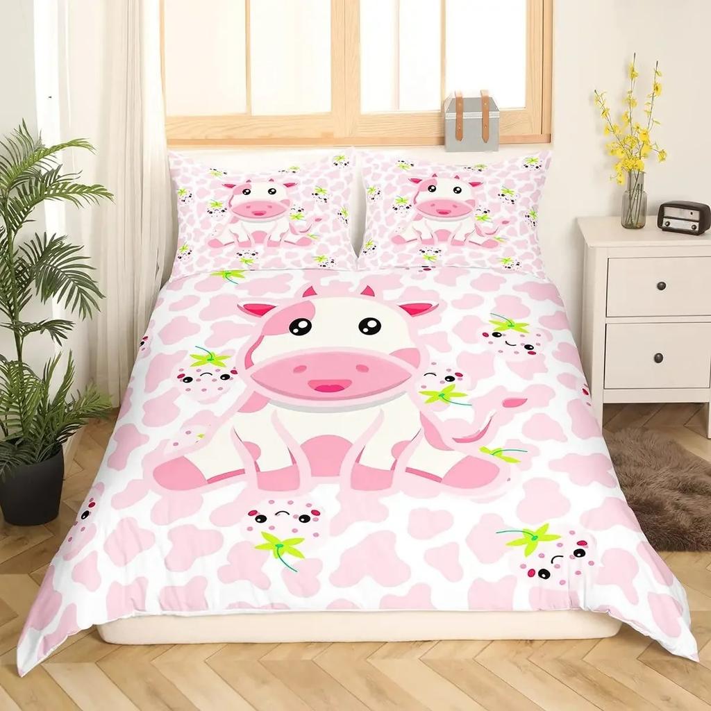 Soft Vibrant Cute Cow Print Kawaii Highland Cartoon Farm Animals Polyester Queen King Comforter