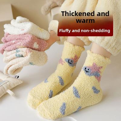 Cute Cartoon Pattern Coral Fleece Mid-calf Socks for Women, Thickened and Fleece Warm Sleep Socks for Women In Autumn and Winter
