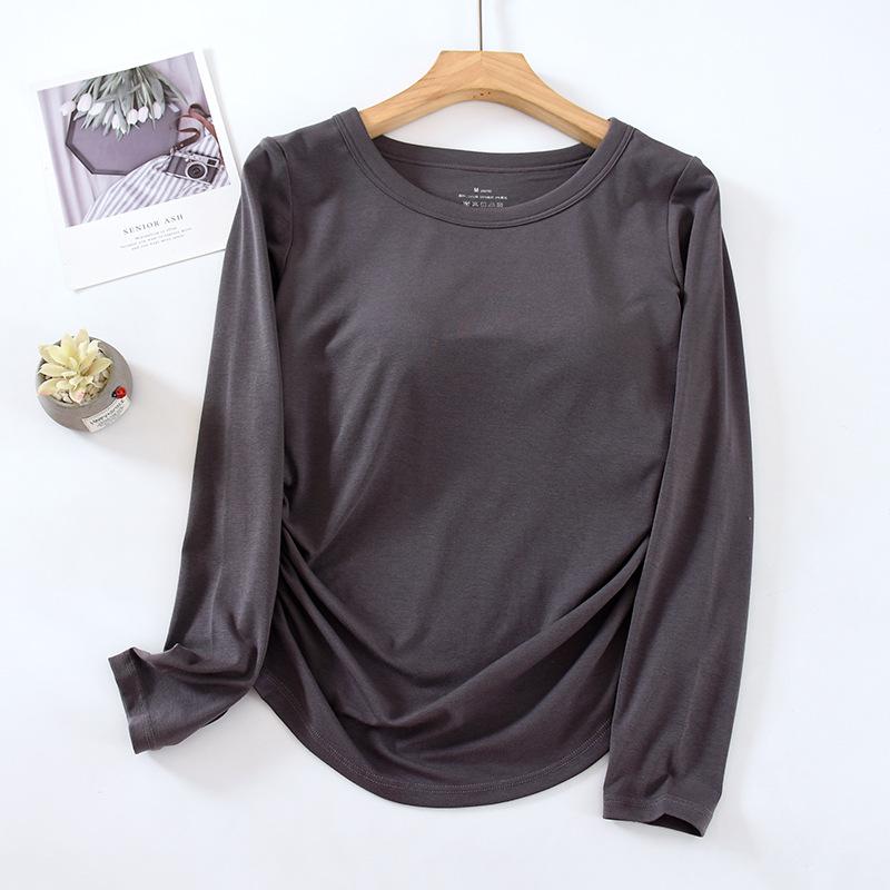 Chest-Padded Slim Fit Women's Top: Round Neck, Long Sleeve, Fishtail Hem, No Bra Needed, Autumn/Winter Style.