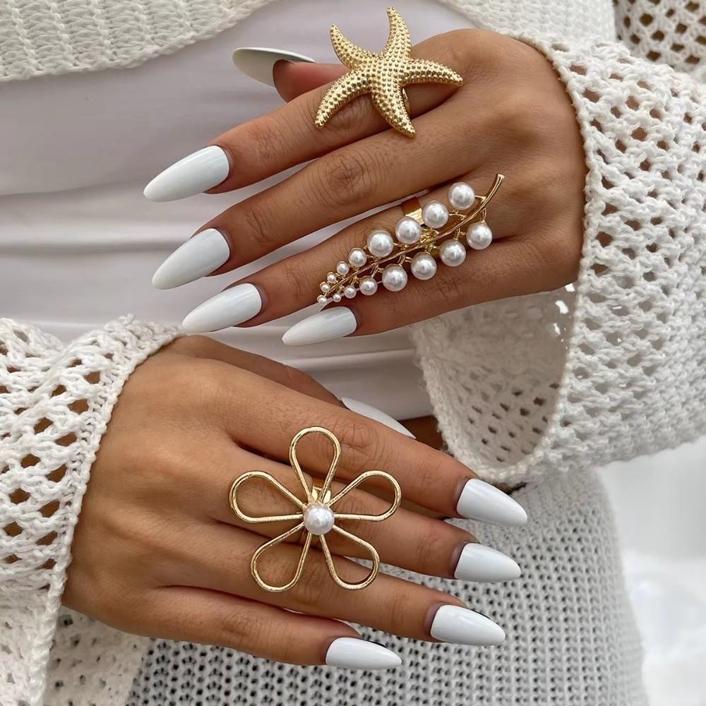 Flower Shape Starfish Ring Exaggerated Flower Ring Fashion Pearl Ring Daily Wear