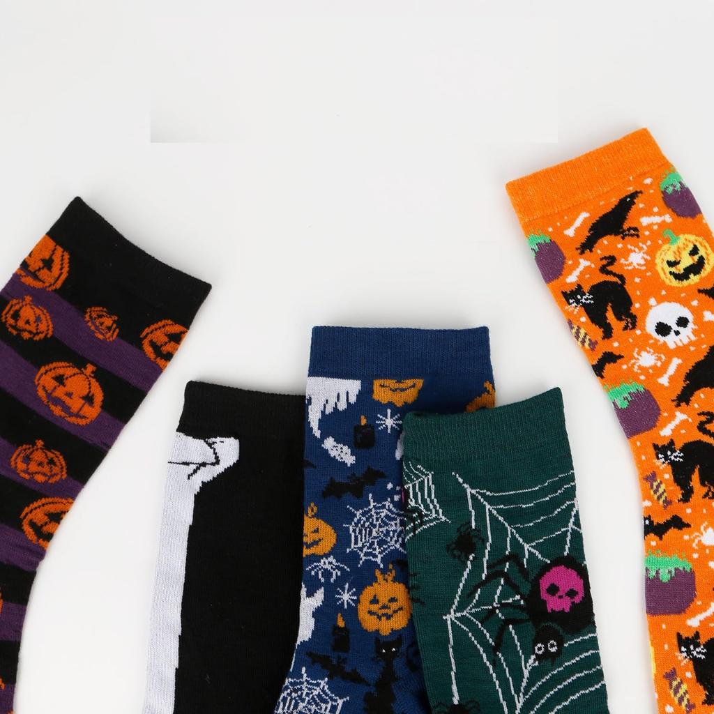 DIFEIUKI Halloween Spider and Ghost Unique for Fall and Winter Socks, 5-Pair Set, Pumpkin, Web, Skull, Patterns, Mid-Length Socks, Funny, Stylish,