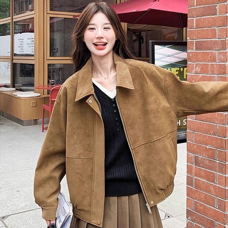 Women S Vintage Suede Jacket Loose Fit Lapel Casual Moto Coat