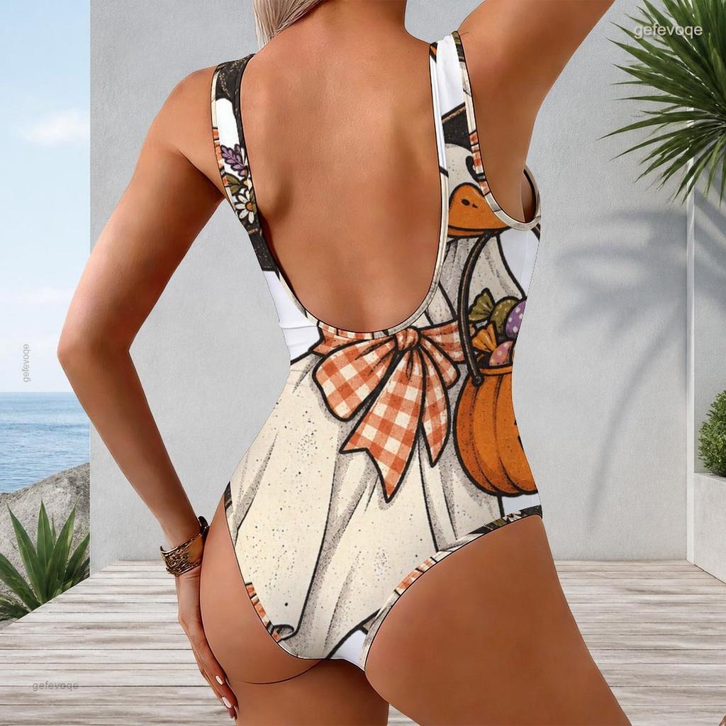 Women Plus Size Sleeveless U Neck Halloween Ghost Pumpkin Print One Piece Swimsuit