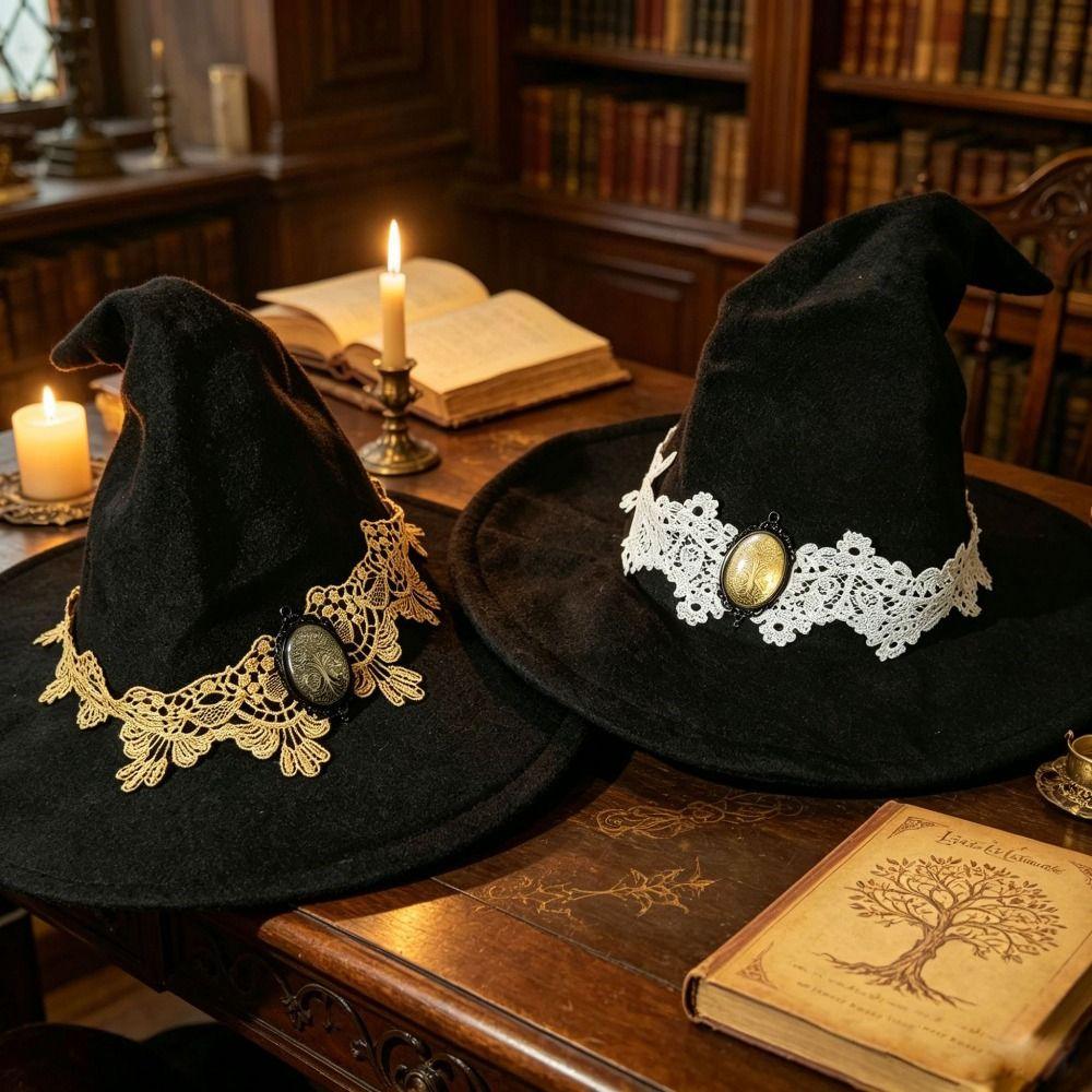 Tree Of Life Badge Wizard Hat Lace Trim Wizard Cap Vintage Halloween Hat Cosplay Party