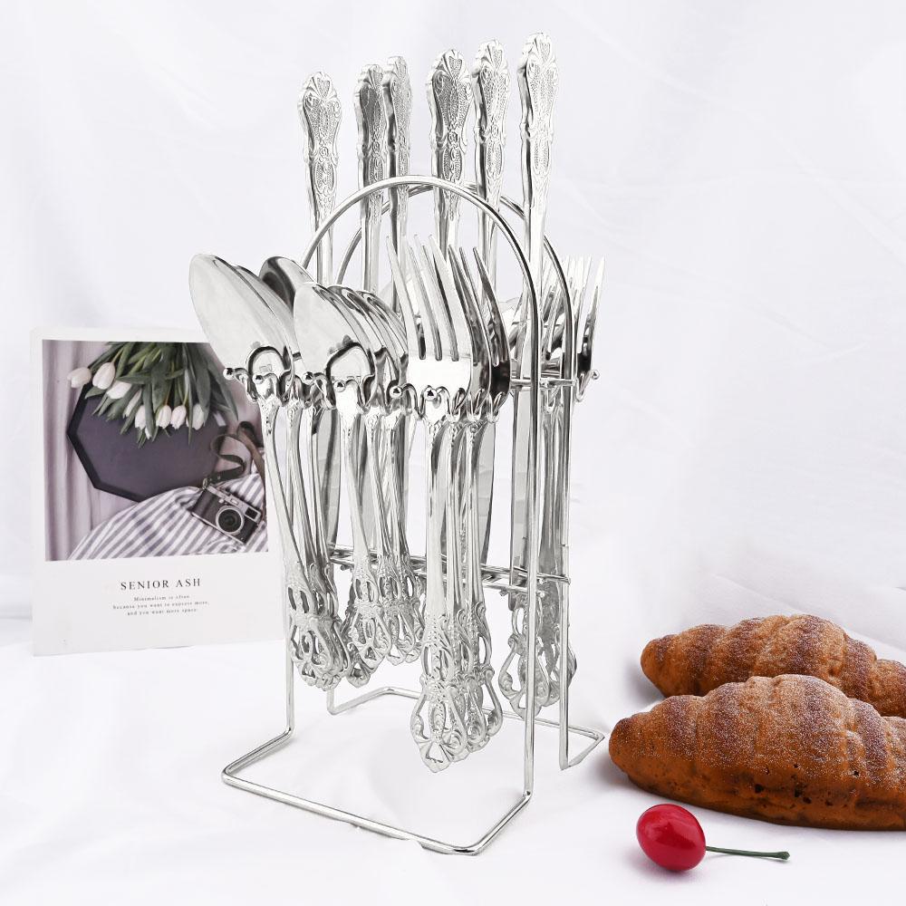 24PCS Vintage Tableware Cutlery Set Dinner Knife Fork Spoon Flatware Set Western Style Luxury Engraving Dinnerware with Rack Set