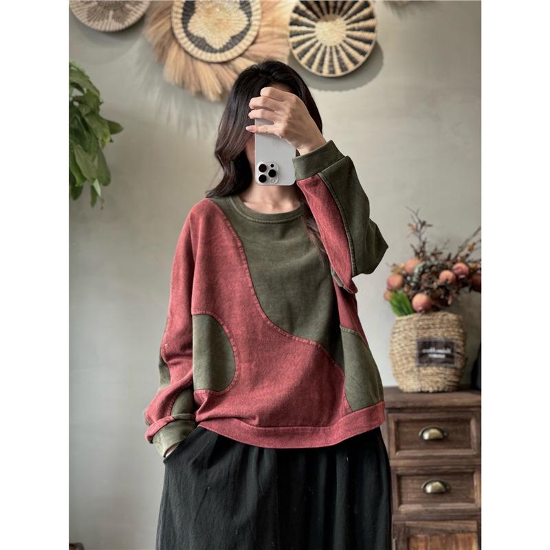 

Новинка Женский Повседневный Свитшот Тай-Дай с Эффектом Потертости и Цветными Блоками - Универсальный Весенний Пуловер One Size