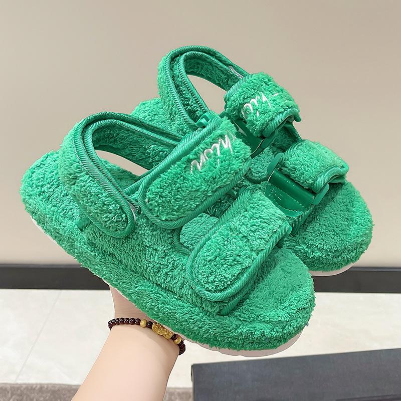 European and American new round head thick-soled Velcro Mao Mao sandals women's foreign trade large size small fragrant warm cotton sandals