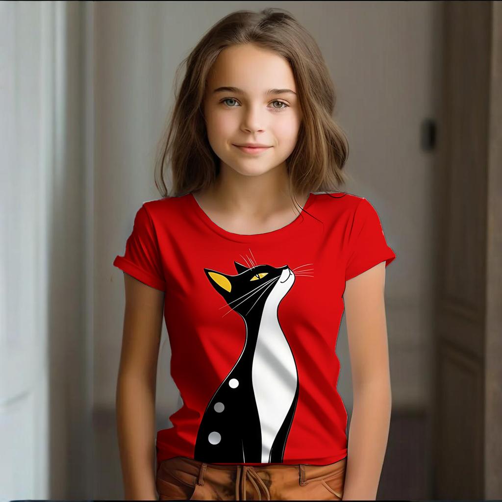 Girl Clothes Summer Cartoon Cat Graphic Children's Clothing Kids Art Doodling Short Sleeve T Shirt Causal O-Neck Children Top