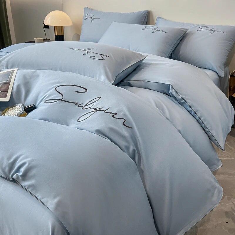 Luxury Embroidery Bedding Set Egyptian Cotton 400TC Duvet Cover Flat Fittedsheet Single Double Queen King Quilt Cover Pillowcase