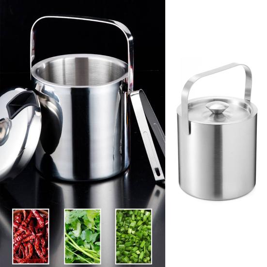 1.3L Double-Wall Ice Bucket with Lid And Tong 6-Hour Cooling Beer Chiller for Bar Home 304 Stainless Steel Insulated Ice Container