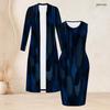 Women Plus Size Two Piece Set Printed Long Sleeve Open Front Cardigan Sleeveless Round Neck Bodycon Dress Dark Blue Black