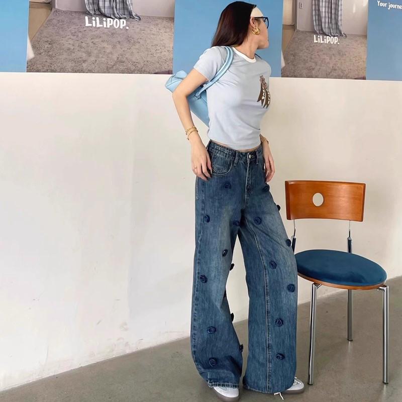 Plus Size Vintage Floral High Waist Casual Loose Women Spring Summer Autumn Jeans Denim Wide Leg Pants