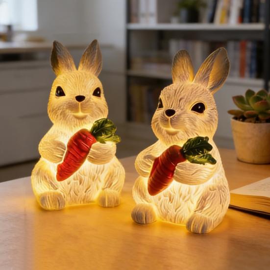 Resin Bunny Figurine Light Up Bunny Holding Carrot Statue Easter Rabbit Sculpture for Spring Farmhouse Home Table Decor