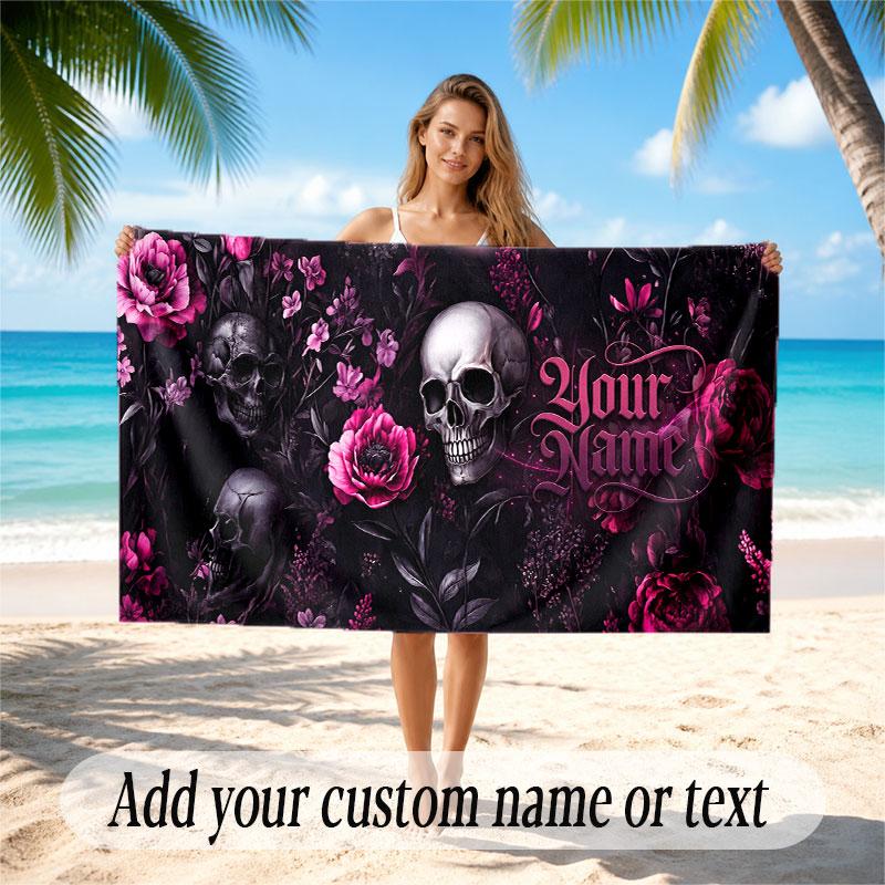 Skull Gothic Theme Beach Towel Personalized Custom Name & Text Soft Quick Dry Beach Towel for Swimming Travel