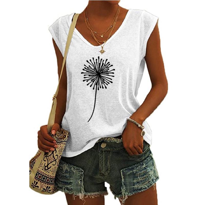 2023 Trendy Women's V-neck Print Cap Sleeve Loose T-shirt Top