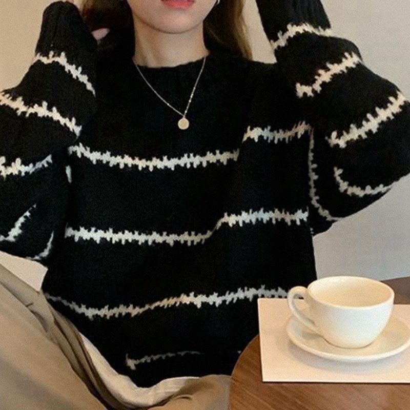 

Корейский мягкий восковой тонкий свитер, женский пуловер, весенне-осенний стиль, универсальный ленивый стиль, вязаный верх снизу XL чёрный