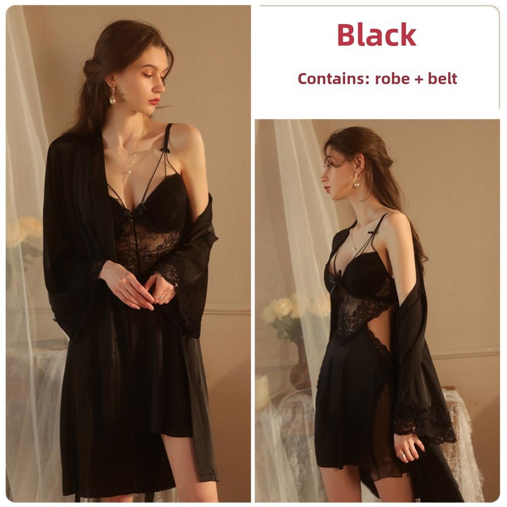 Large Size Ice Silk Plus Chest Pad Steel Ring Gathering Suspender Nightdress Robe Home Set