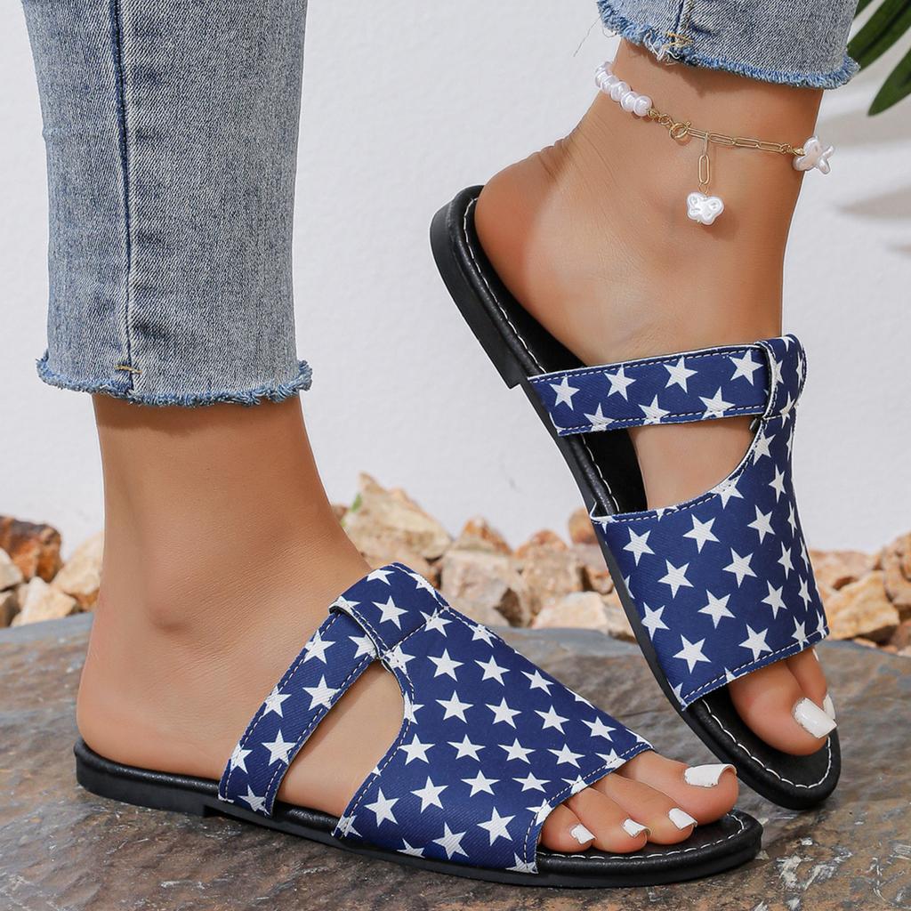 Women Slip On Sandals Star Pattern Open Toe Flat Slide Sandals Casual Comfortable Footwear for Daily Wear