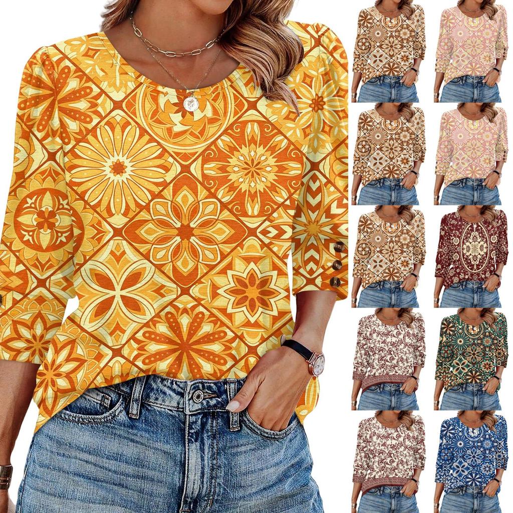 Damen Freizeit Oberteil Lockere Passform Dreiviertelarm Rundhalsausschnitt Bluse Leichter Bequemer Stoff Stilvolles Gemustertes Design