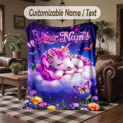 Unicorn Theme Throw Blanket Custom Name Text Personalized Blanket Soft Cozy Blanket for Home Sofa Bed